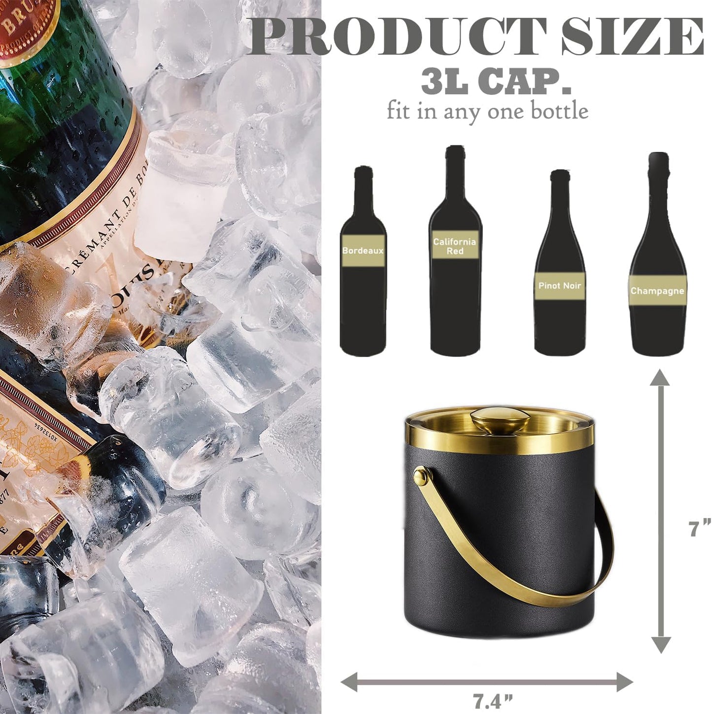 Insulated Ice Bucket with Lid, Handle and Tong Black Gold Stainless Steel Champagne Bucket for Party 3L Bar Cart Accessories Keep Drinks Chilled