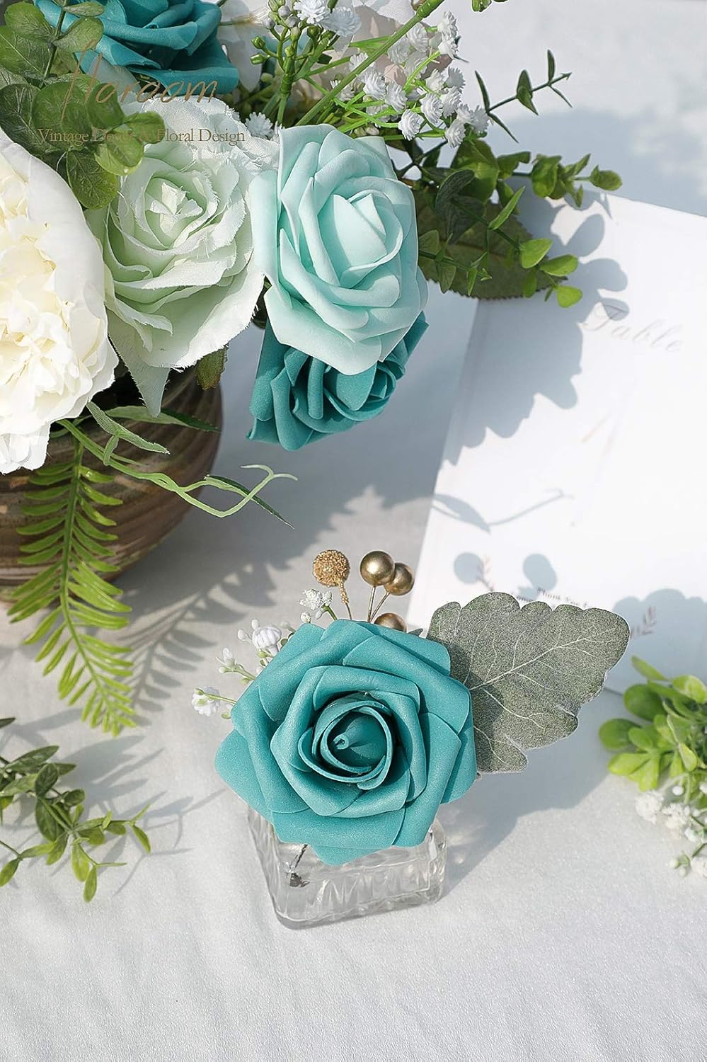 Floroom Artificial Flowers 50pcs Real Looking Teal Green Foam Fake Roses with Stems for DIY Wedding Bouquets Bridal Shower Centerpieces Floral Arrangements Party Tables Home Decorations