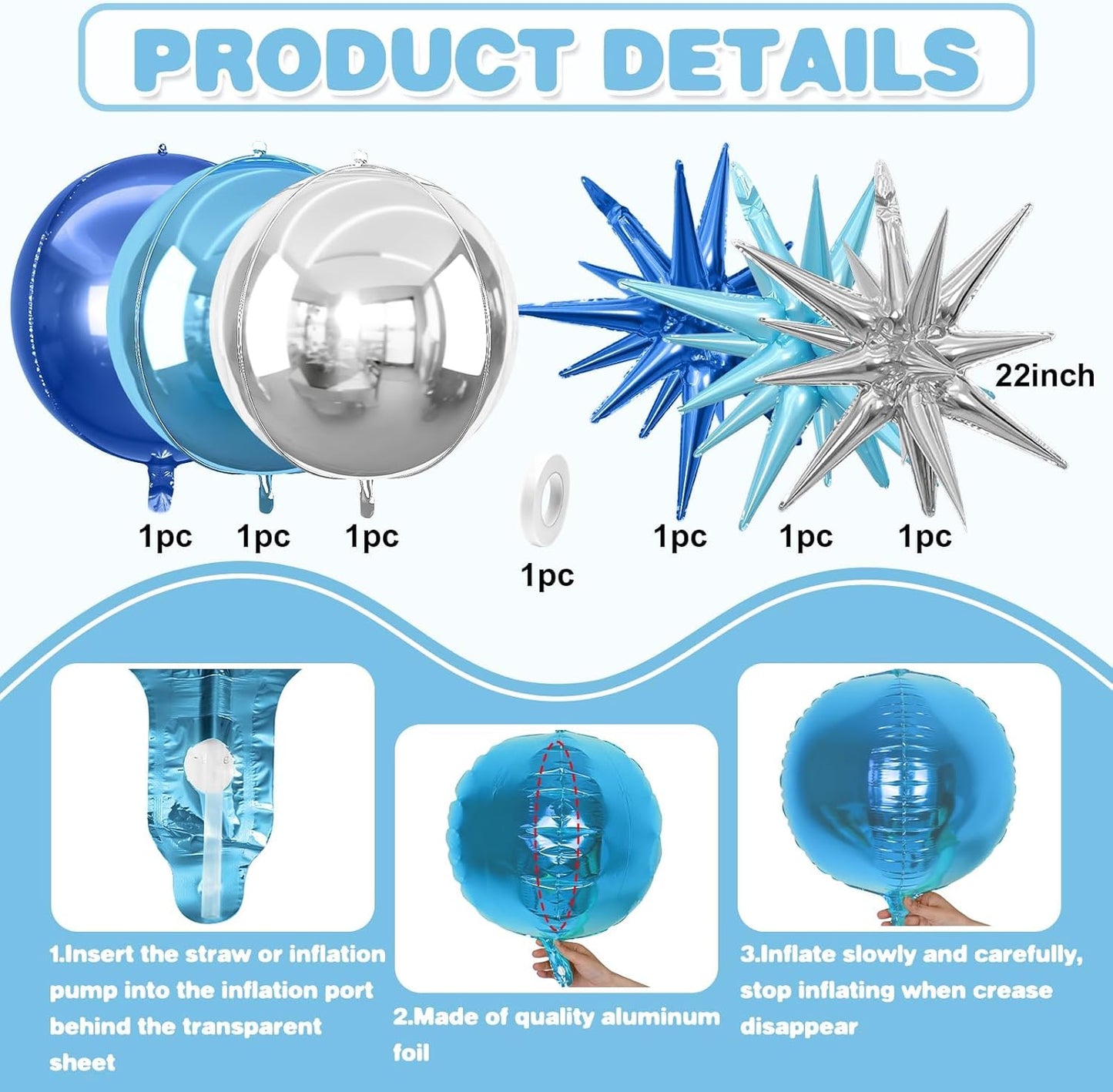 6Pcs Blue Silver Foil Balloons,22Inch Light Blue Silver 4D Round Ball Balloon and Explosion Star Balloon for Birthday Wedding Baby Shower Prom Party Anniversary Decorations