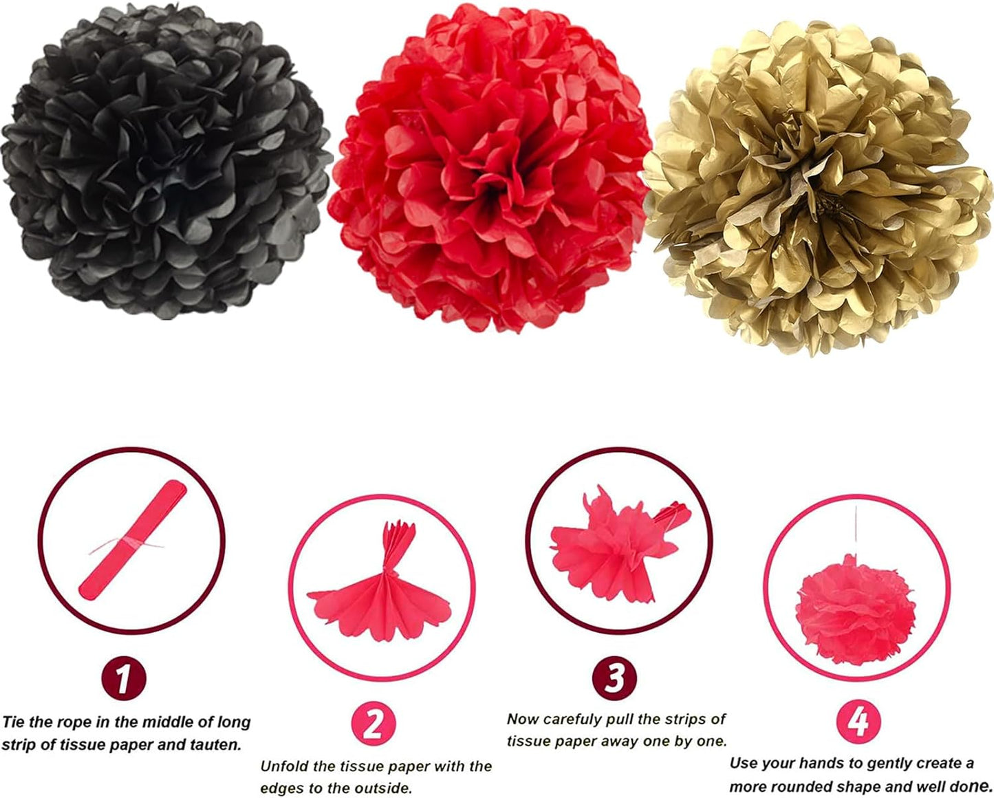 We Moment Black,Red and Gold Paper Pom Poms Decorations for Wedding Birthday Party Decoration Ceiling Wall Hanging Tissue Flowers Decorations 12pcs,3 Colors of 12 Inch, 10 Inch