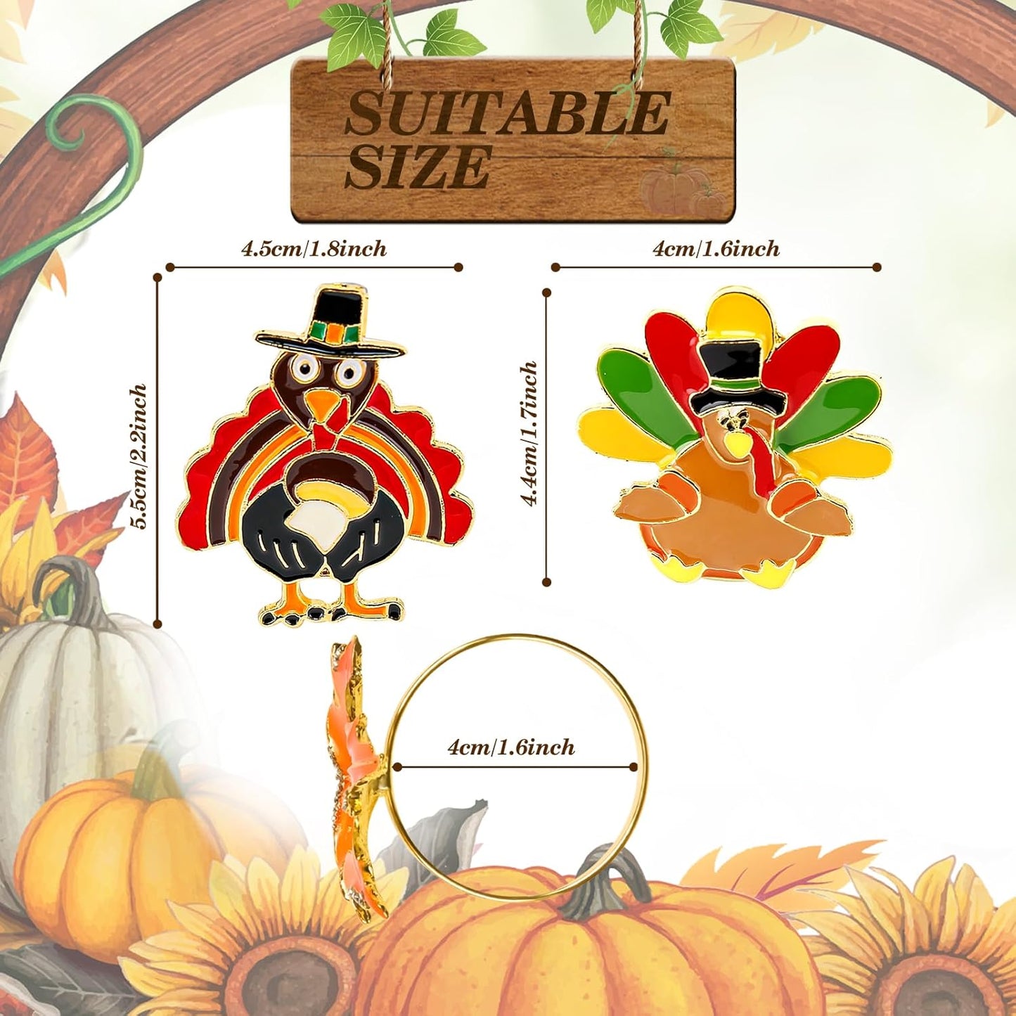 KPOSIYA Thanksgiving Napkin Rings Set of 6, Turkey Napkin Rings Vintage Alloy Fall Napkin Holders for Holiday Dinner Parties, Weddings, Family Gatherings