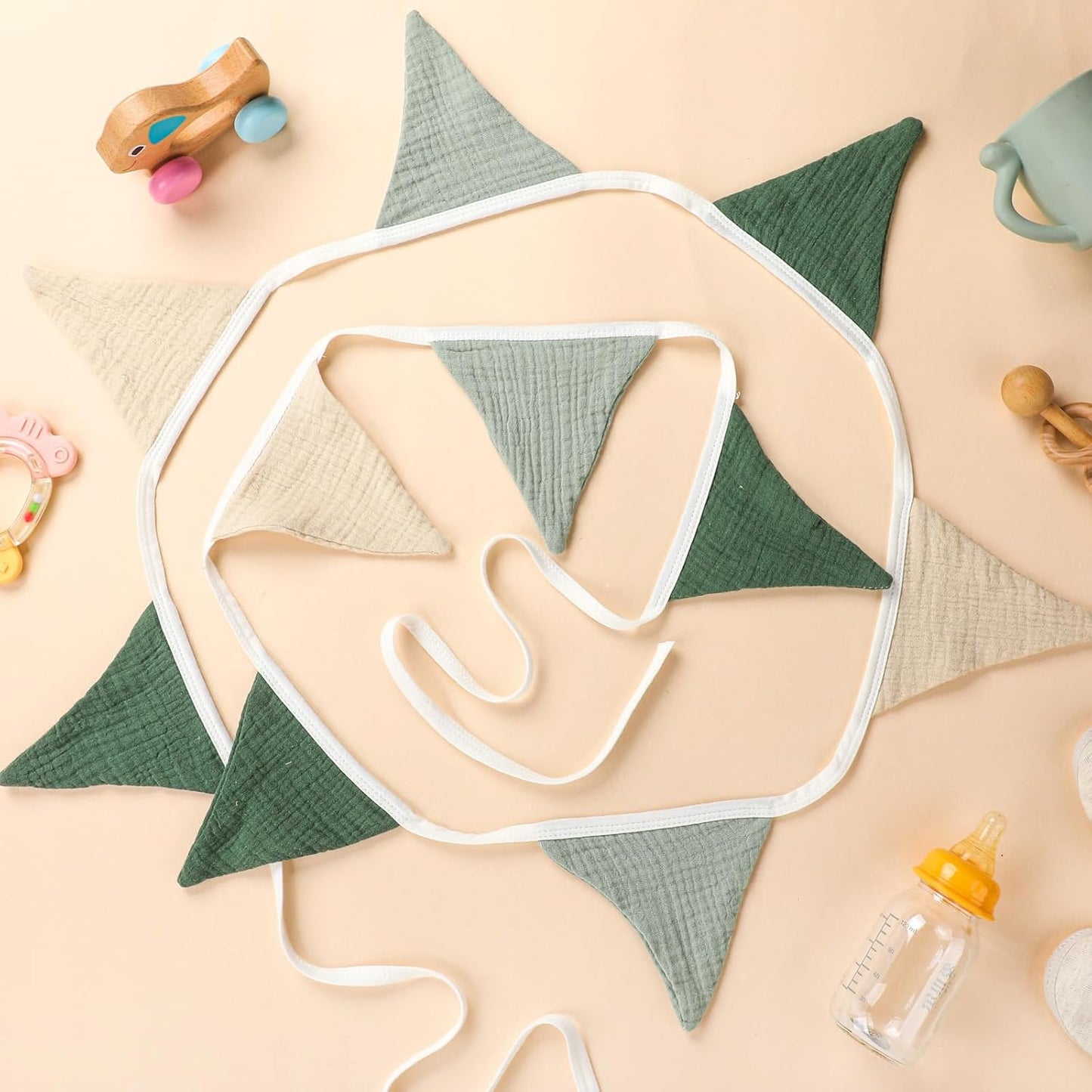 Oudain 15.5 ft Pennant Banner Flags, 2 Pcs Nursery Garland Triangle Bunting Flag Baby Banner for Nursery Decor Baby Birthday Boho Wedding Shower Party Event, Each 7.75 ft (Fresh Natural Color)