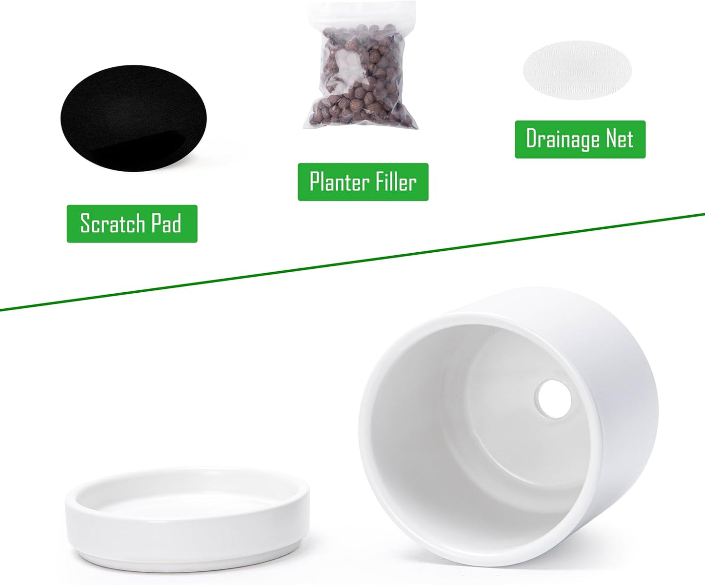 D'vine Dev Set of 4 Small Ceramic Plant Pots, 4.7 Inch Succulent Planter Pot for Plants with Drainage Hole and Saucer, White, 94-X-B-1