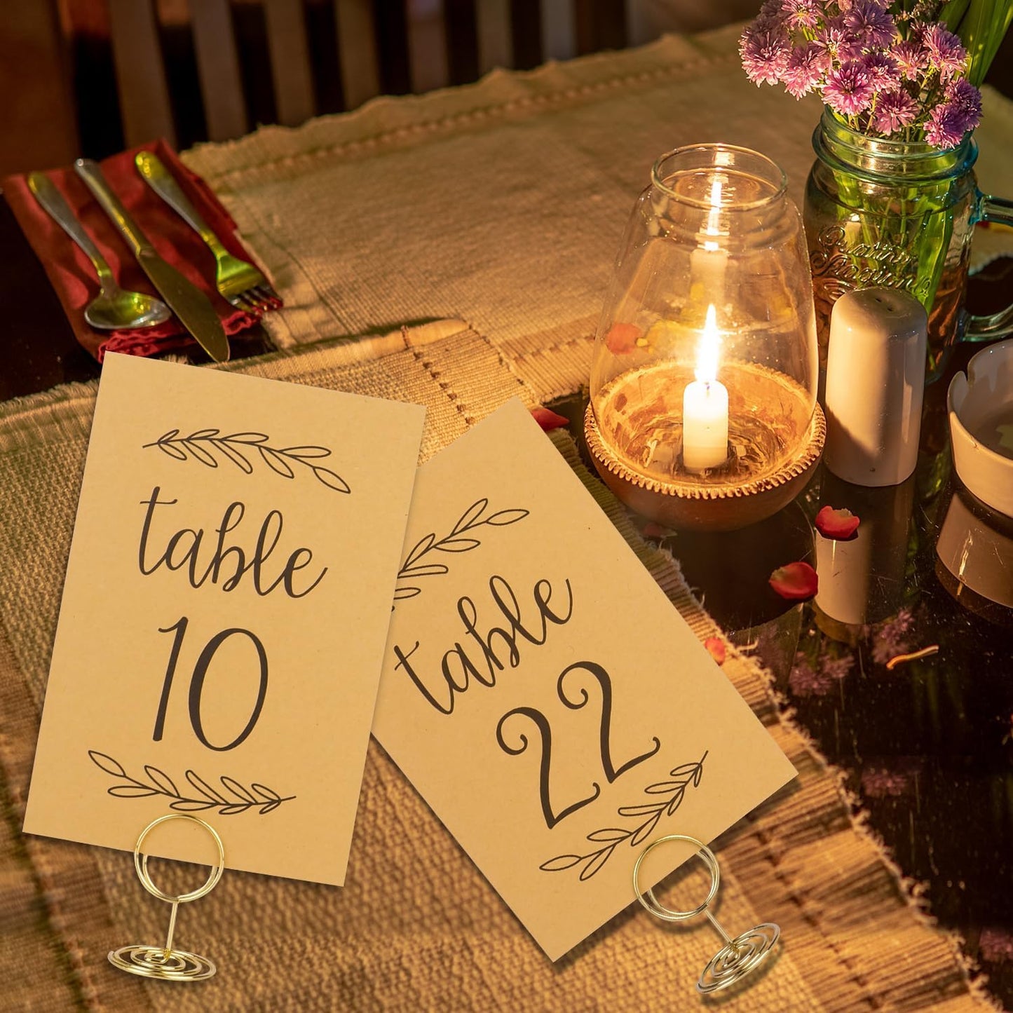 Wedding Table Numbers 1-25, 25 Karft Cards with 25 Gold Holders, 1 Set of 25 Table Numbers for Wedding Reception, Birthday Party (Card and Holder)