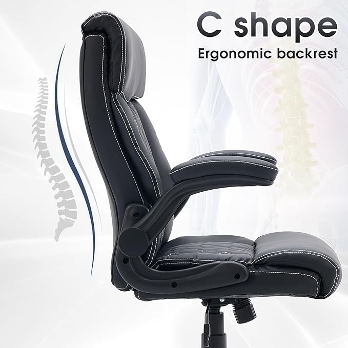 High Back Office Chair with Flip-up Armrests, Leather Comfy Desk Chair with - Image 5
