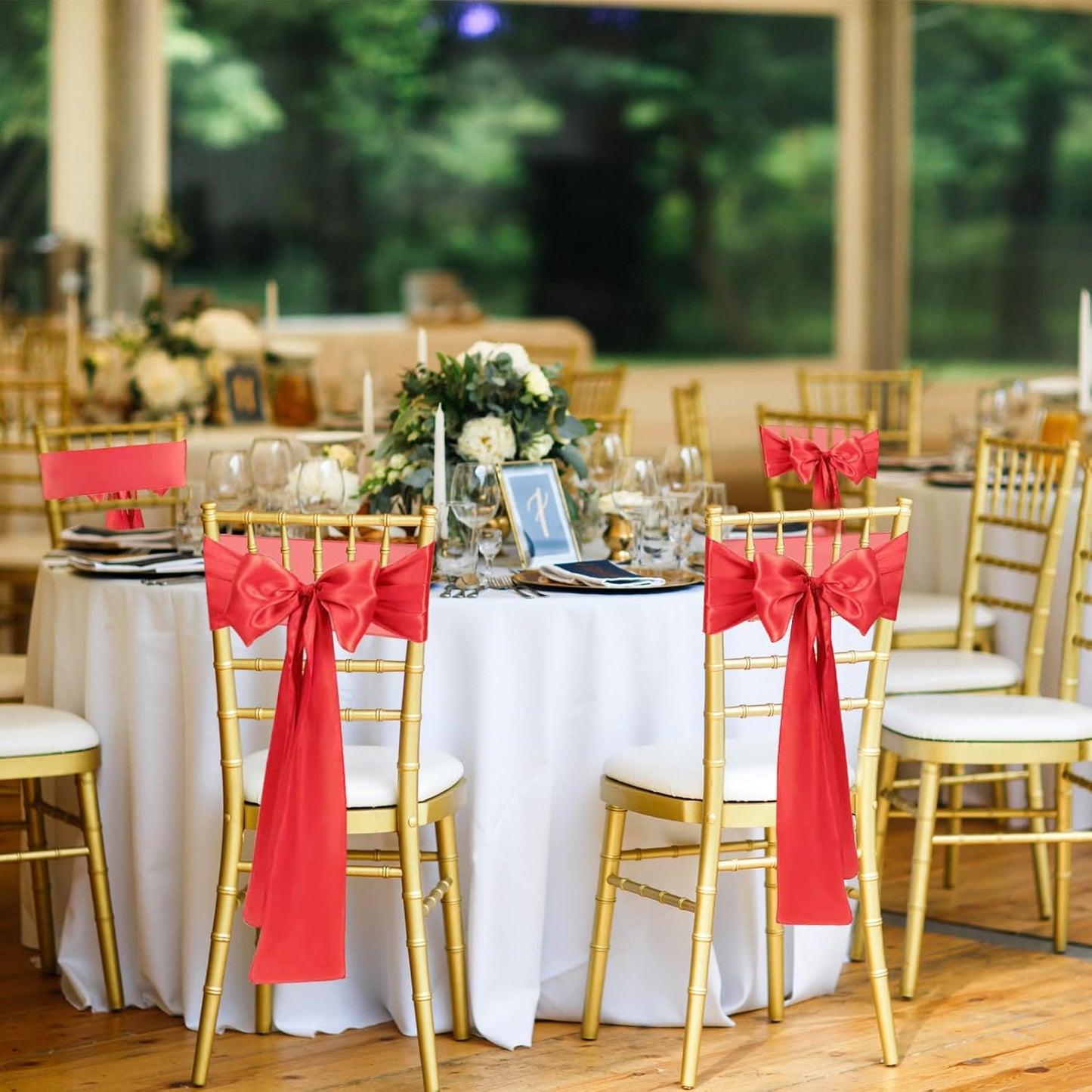 50 PCS Red Satin Chair Sashes Bows Universal Chair Ribbon Ties Back Sash for Wedding Party Reception Events Banquets Hotel Event Chair Cover Decoration (7x108 inch)