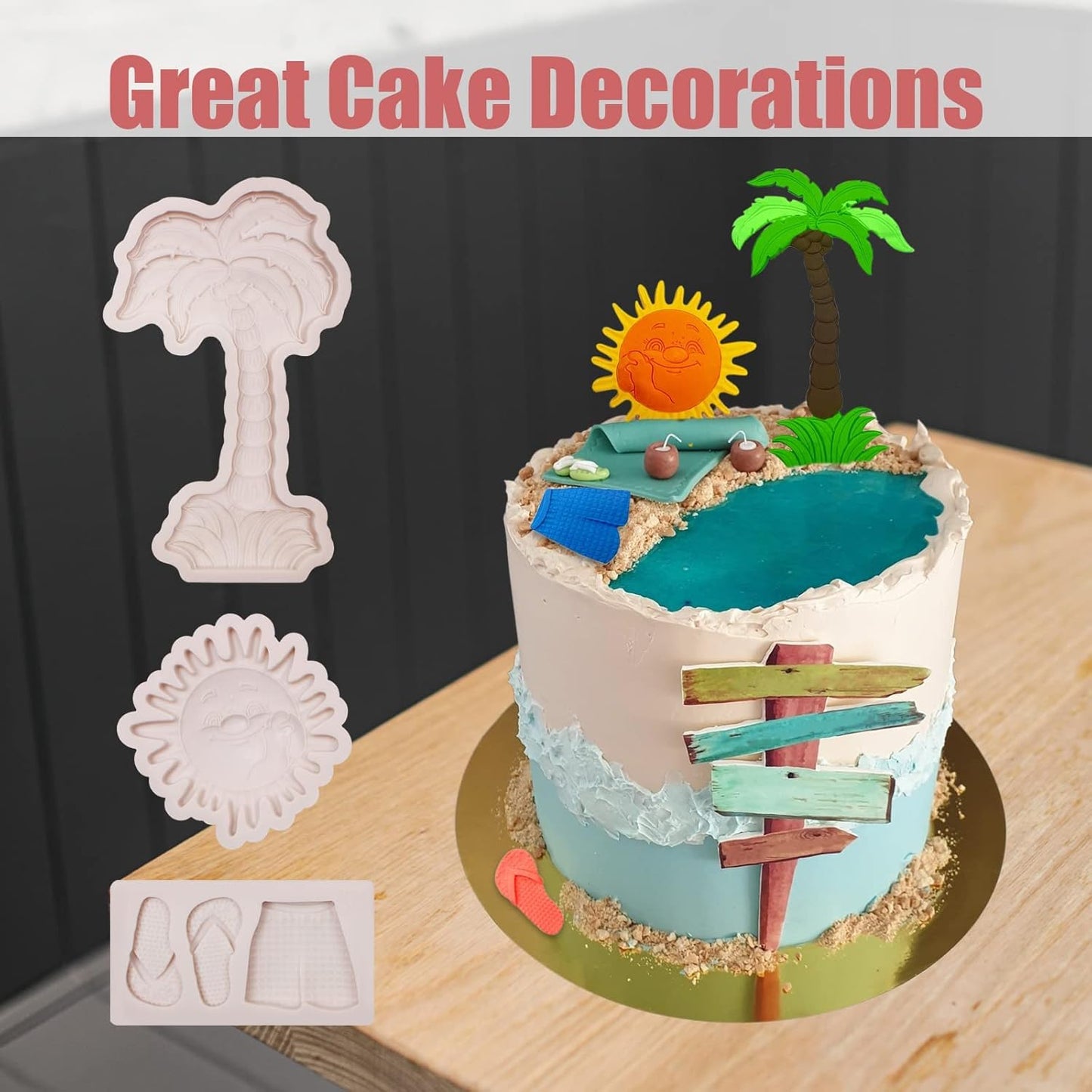 3 Pcs Hawaiian Coconut Tree Fondant Molds, Seaside Beach Sun Silicone Molds, Slipper Surf Shorts Clay Mold for Cake Decorating, Candy Chocolate Marzipan Resin Crafts, Summer Party, Halloween