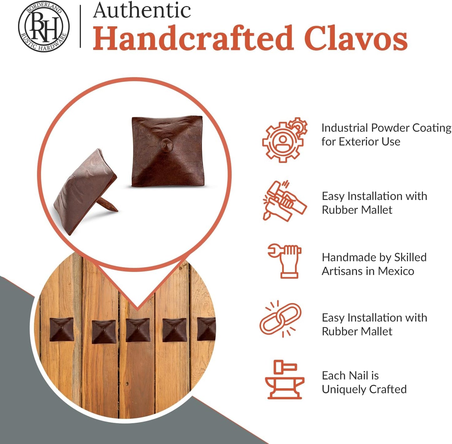 50 Pack 1.25" Square Head Iron Clavos Decorative Nails – Sealed Rusted – Handmade Rustic Square Fasteners for Farmhouse Shutters, Barn Doors, Shutters, and Gates – Ornamental Wood Accent
