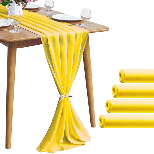 5 Pack 10Ft Chiffon Yellow Table Runner Sheer 29x120 Inch for Romantic Wedding Decor Bridal & Baby Shower Birthday Rustic Party Decoration