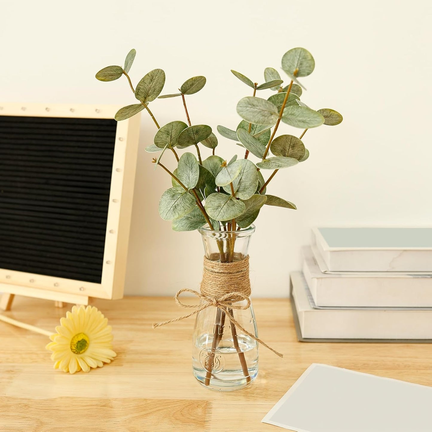 Artificial Eucalyptus Stems in Glass Vase Decorative Greenery Artificial Plant with Double Sided Green Eucalyptus Leaves for Home Office Decor (Green)