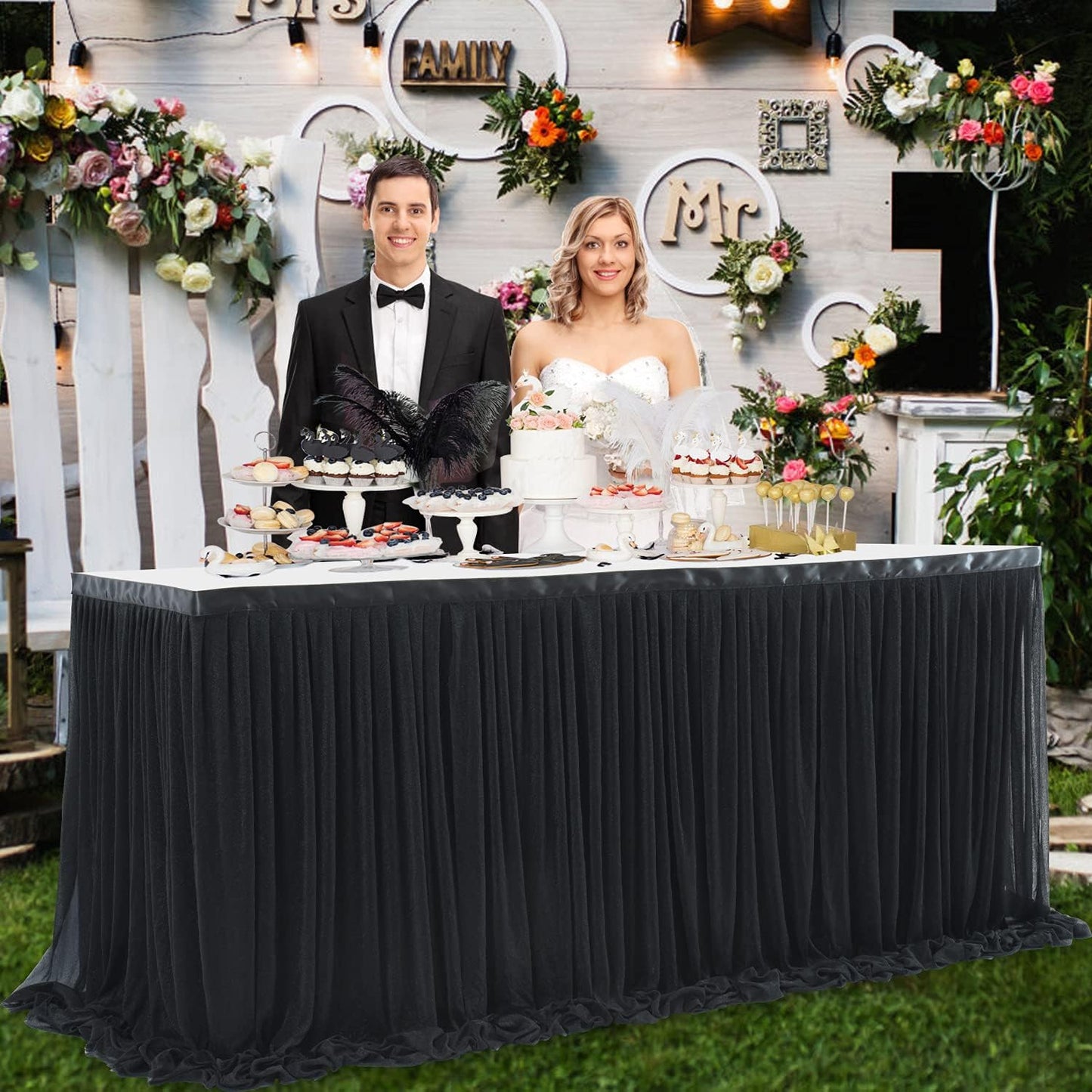 14ft Black Tulle Table Skirt for Rectangle Table or Round Tables Tutu Table Cloth for Birthday Party Baby Shower Wedding Parties Dessert Buffet Banquet Decorations