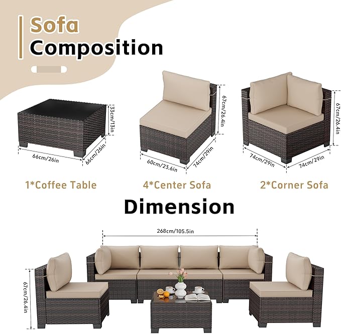 CHABATREE 7pcs Outdoor Patio Furniture Sets, Rattan Conversation Sectional Set - Image 2