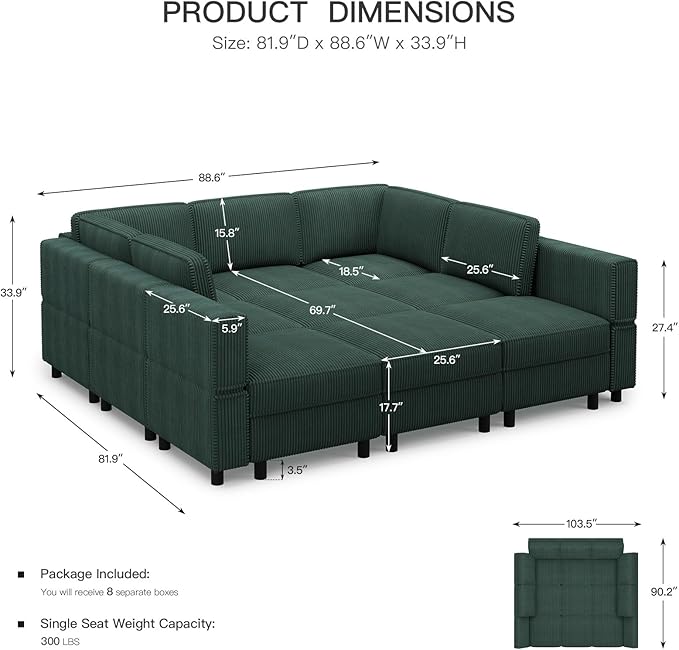 Belffin 9 Seats Corduroy Modular Sectional Sofa, Comfy Upholstered Sectional - Image 2