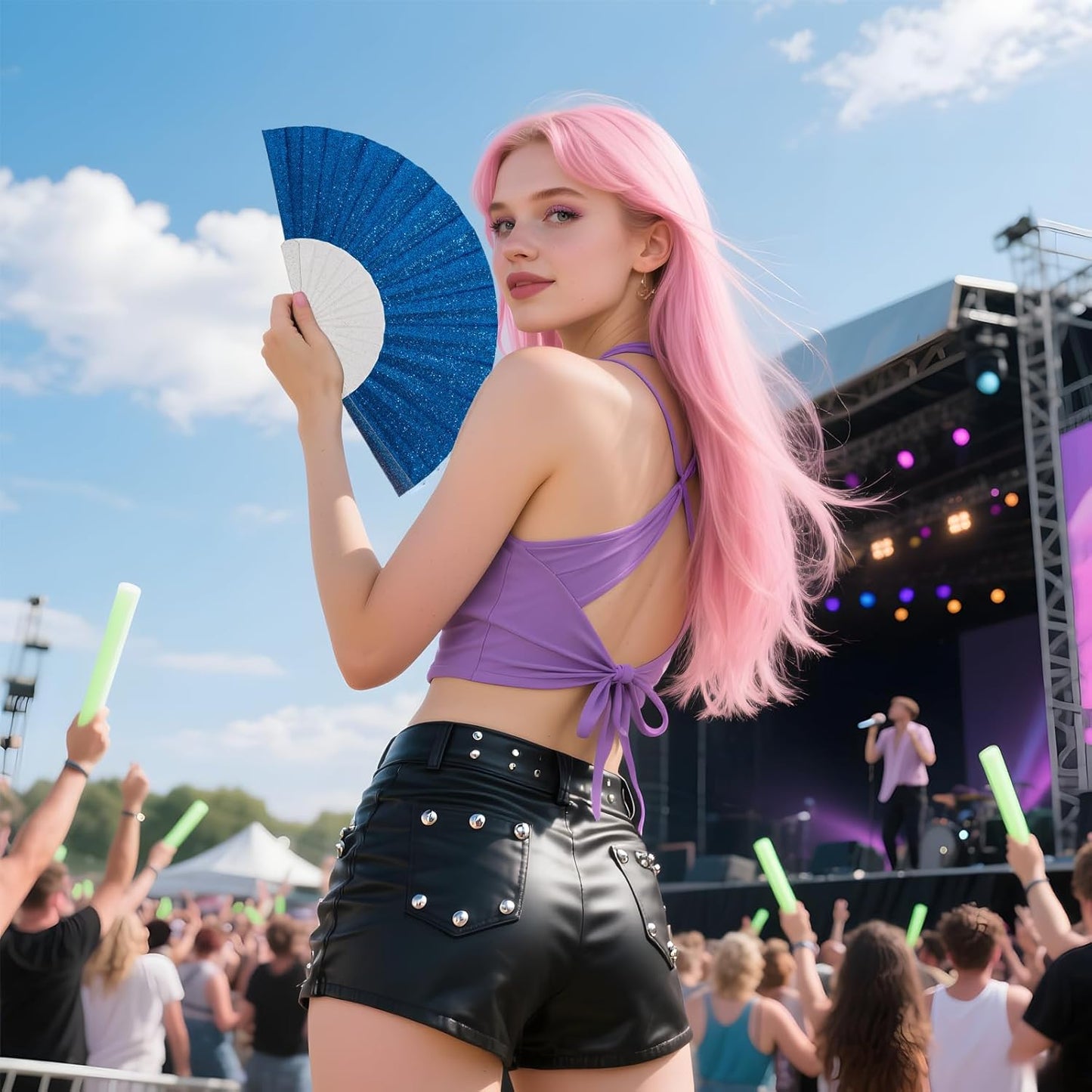 24 Pack Handheld Fan,Folding Hand Glitter fan with Shining Transparent Fan Rib – Ideal for Wedding, Church, Festival, Dance, Tea Party, Club, and EDM Accessories, Royal blue