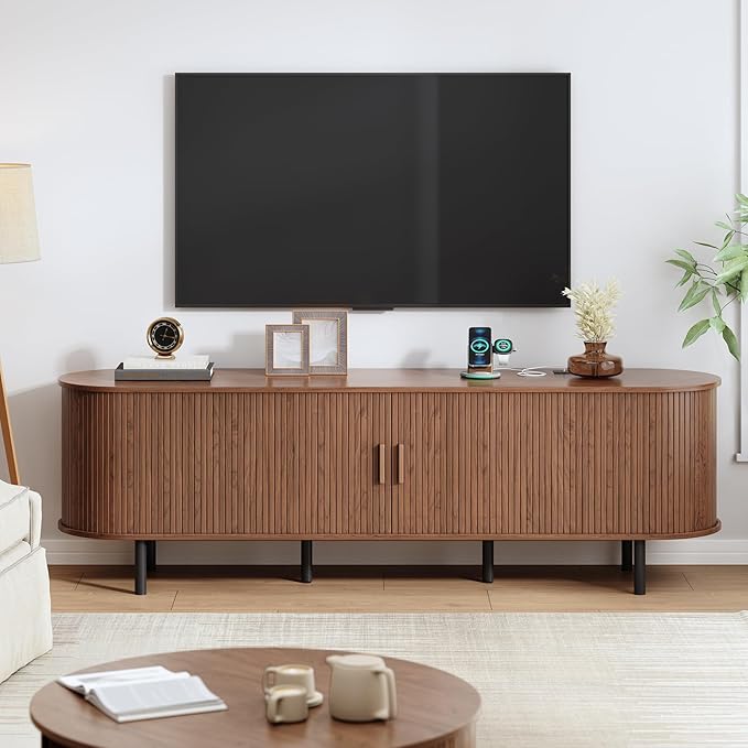 70.8" TV Stand with Power Outlet, Mid-Century Modern Television Stand, Fluted - Image 7