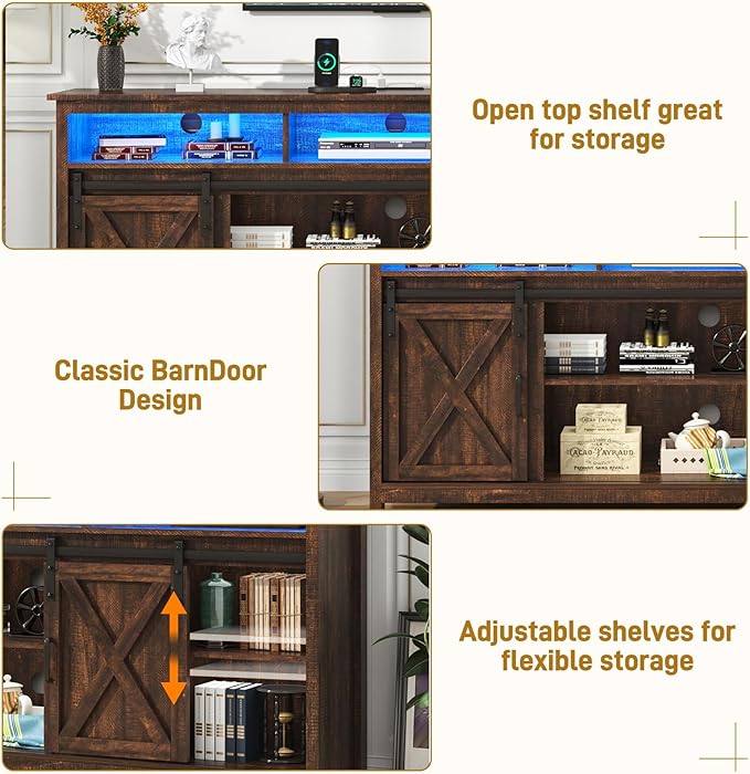 LED Farmhouse TV Stand for 80/75 inch TVs, Rustic Entertainment Center Cabinet - Image 3