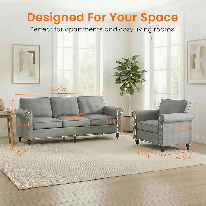 2 Piece Living Room Sofa Sets, Modern 3 Seater Couch and Armchair Sets - Image 2