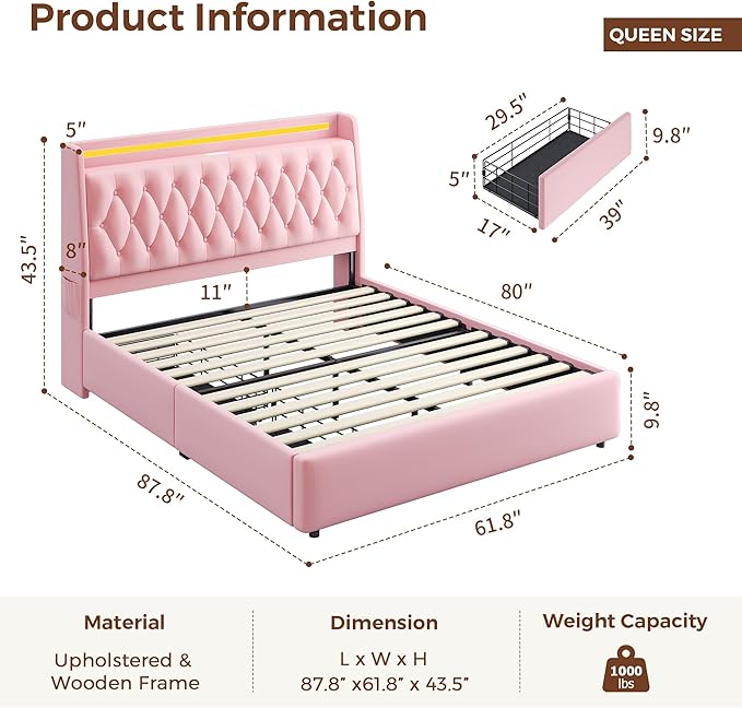 Queen LED Velvet Bed Frame - Image 2