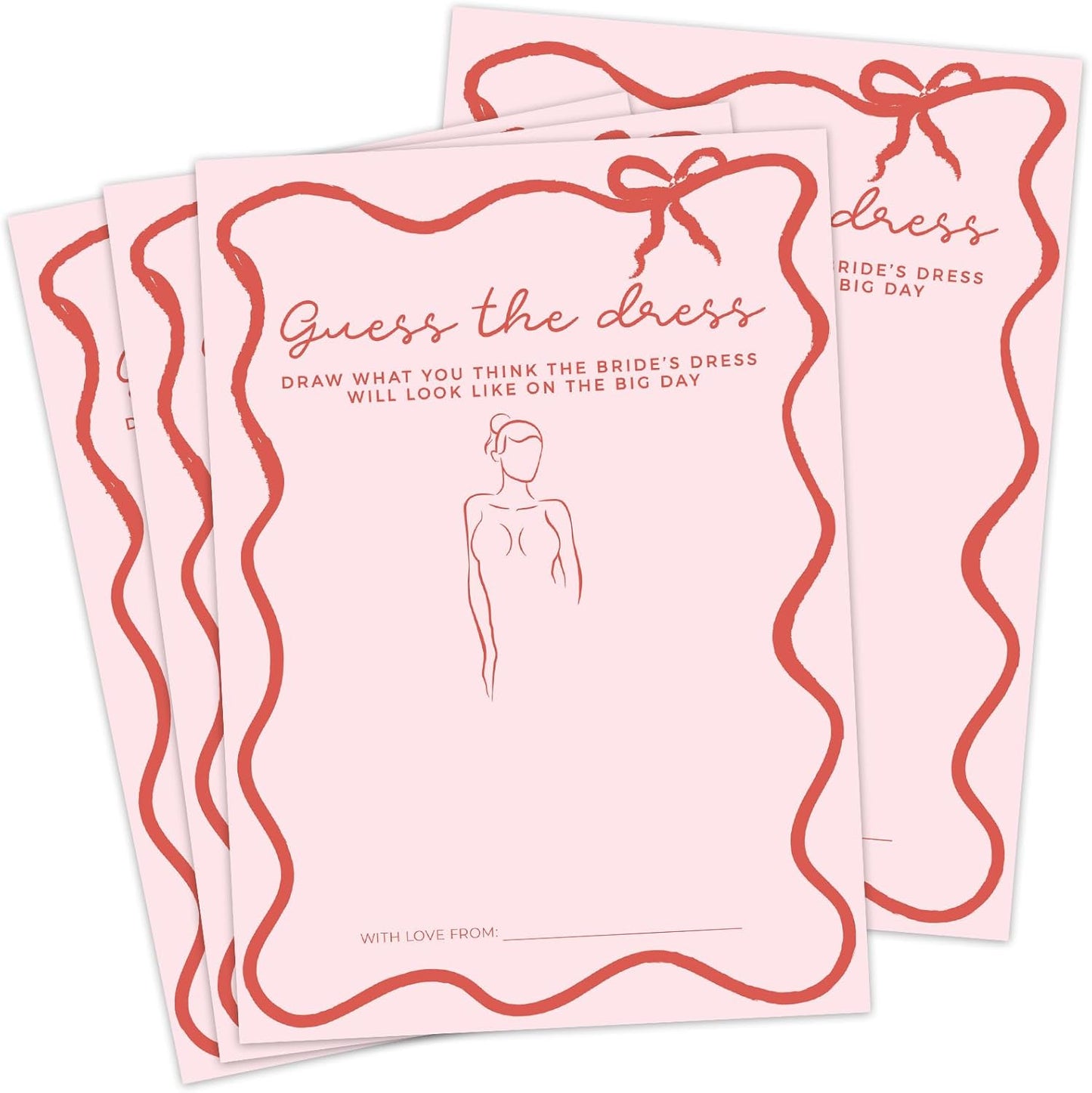 DEEKA 30 PCS Bridal Shower Games Card for 30 Guests Pink Wavy Border Ribbon Bow Funny Wedding Bachelorette Party Games for Reception (Guess The Dress)