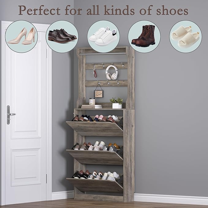 BORNOON Shoe Cabinet with 3 Flip Drawers & Coat Rack, Narrow Hidden Shoe - Image 4
