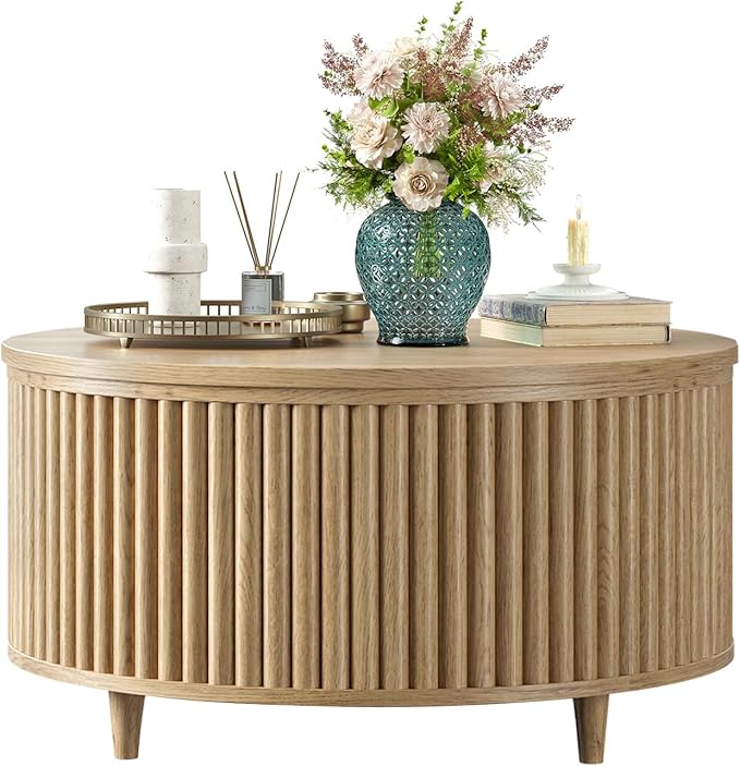 Evermagin 31.5'' Round Coffee Table, Fluted Lift Top Oak Coffee Table - Image 8