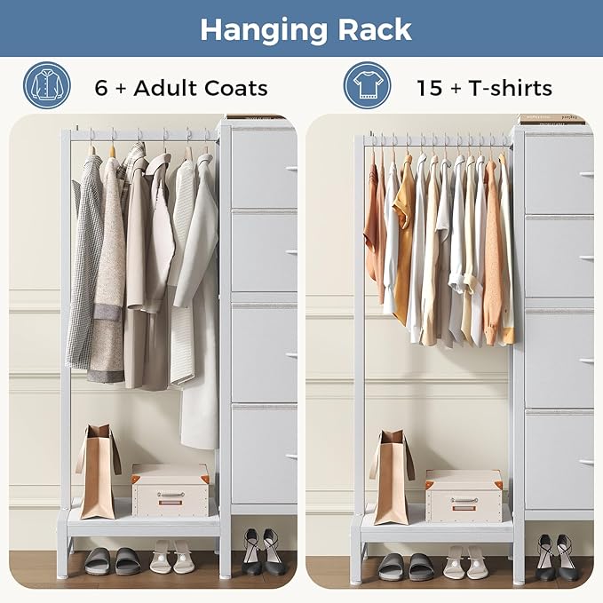 DUMOS Dresser with Hanging Rack, 4-in-1 White Fabric Dresser - Image 6