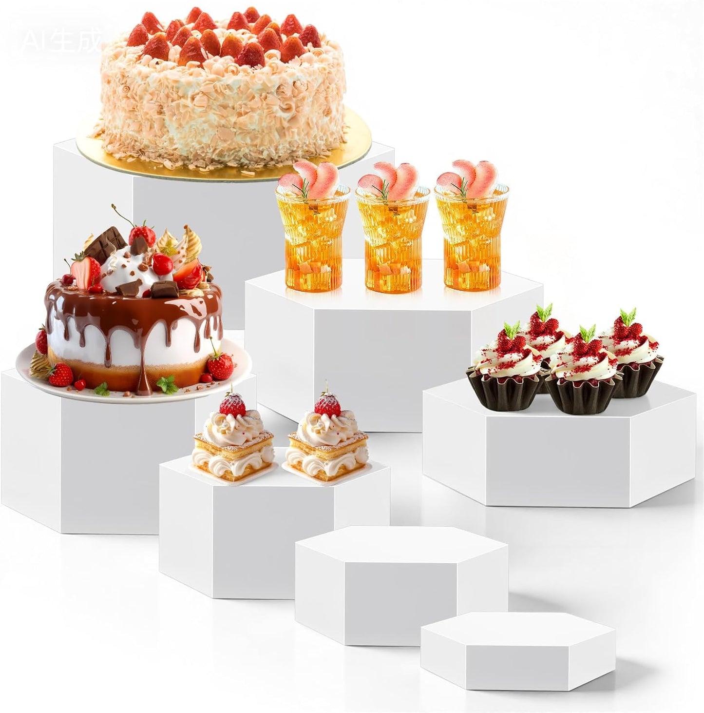 Leinuosen 7 Pcs Large Buffet Risers Set 6" to 12" Acrylic Display Box Catering Dessert Table Riser Food Display Decorative Stand with Hollow Bottom for Catering Supplies(White, Hexagonal)