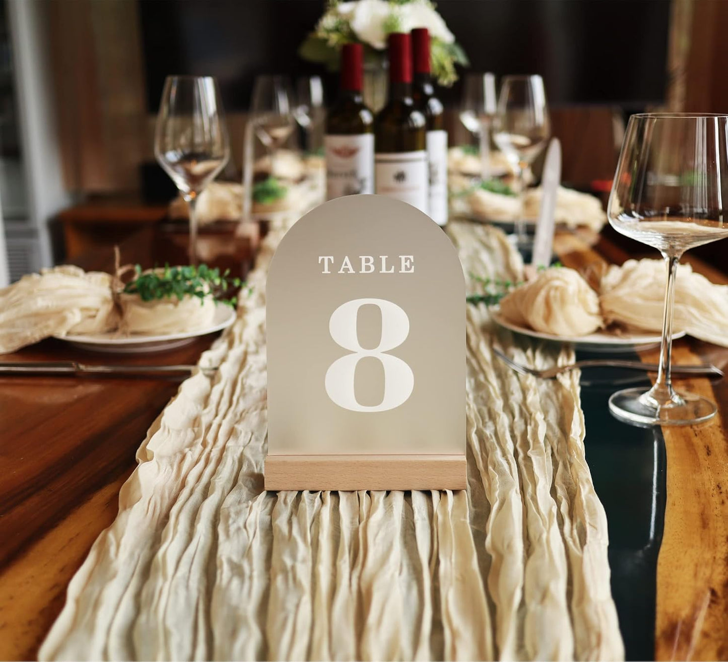Wedding Table Numbers 1-20, Acrylic Arch Signs with Natural Wood Stands Holders, Rustic Table Decor for Reception & Parties (Frosted White)