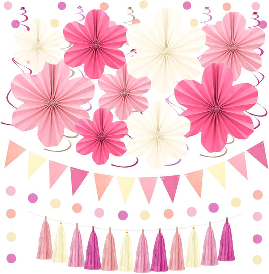 Pink and Yellow Party Decorations, Pink Birthday Decoration with Colorful Hanging Paper Flowers,Tassel Garland and Swirls for Women Girls, Baby Showers Bachelorette Party Supplies Classroom Decor