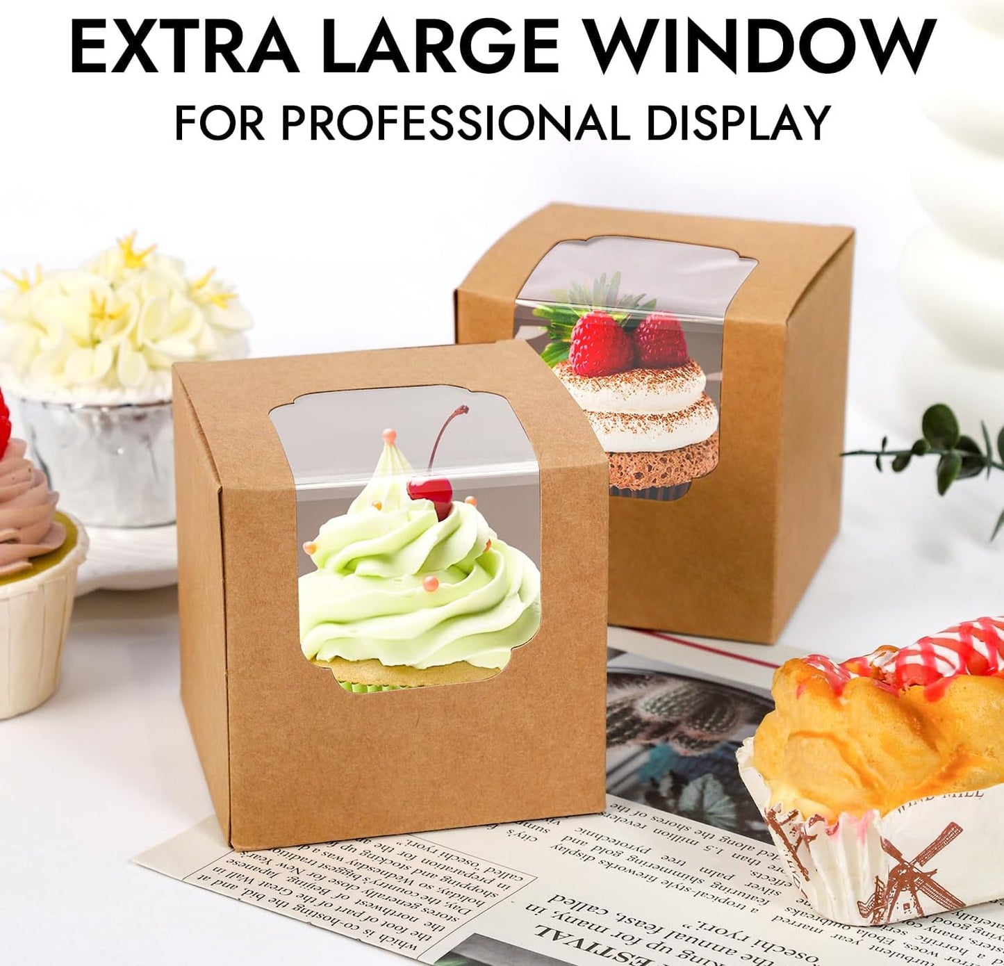 JCD 70 Packs 3.5" x 3.5" x 3.5"Pop up Cookie Boxes Kraft Brown Cupcake Individual Bulk Paper Cupcake Containers Single with Insert and Window,Cocoa Bombs Box for Bakery Gift (Brown/70Pcs)