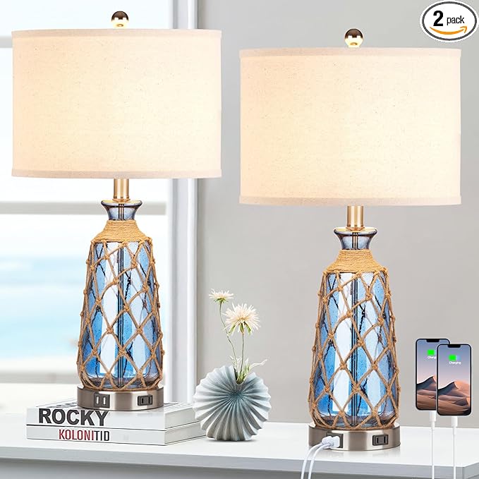 Ruzectt 25.5" Coastal Glass Table Lamps Set of 2, 3-Way Dimmable Touch Control by Home