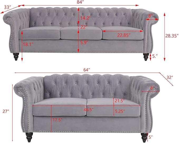 RARZOE Modern 2 Pieces Living Room Sofa Set, Contemporary Tufted Button Velvet - Image 2
