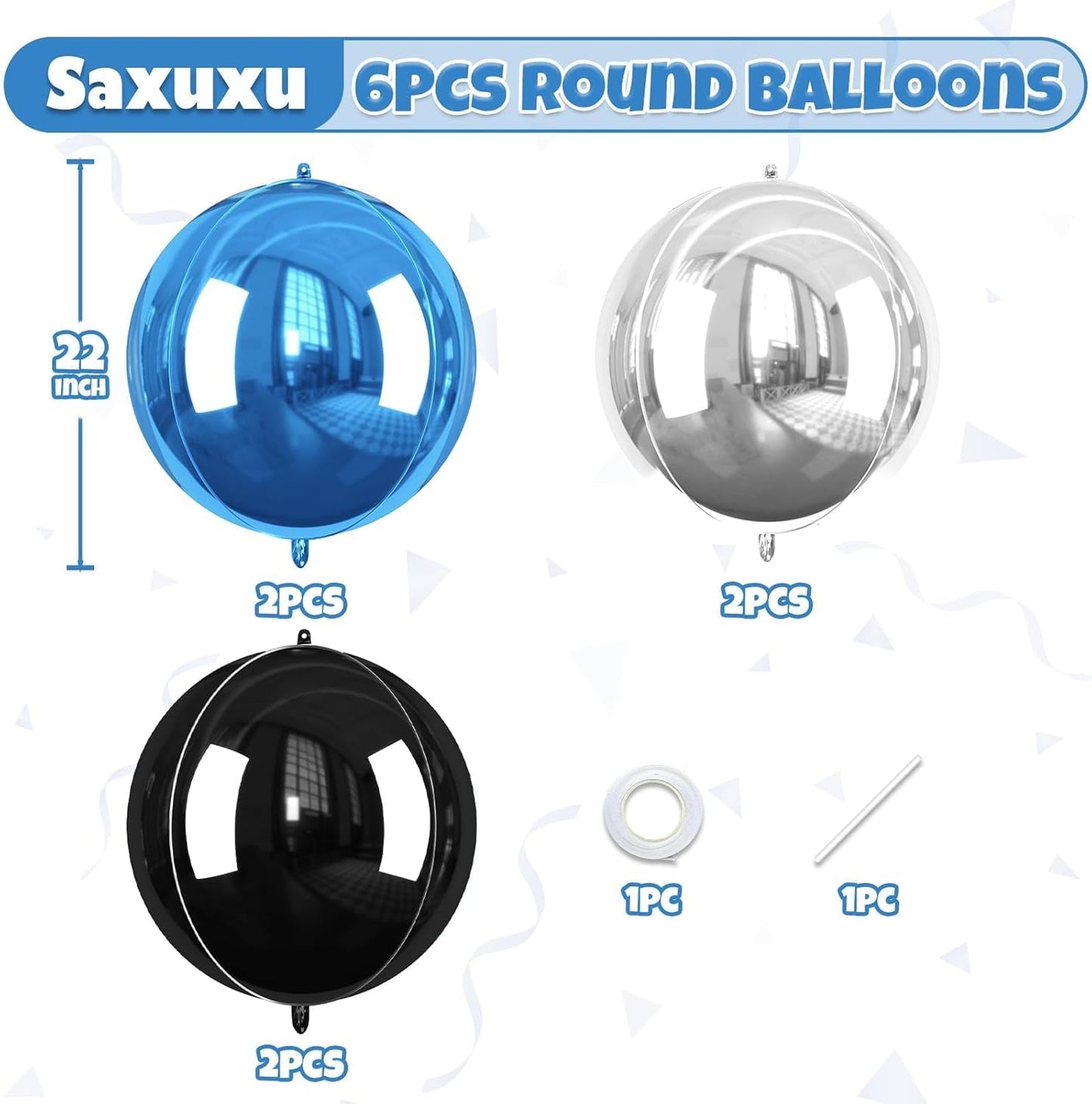 Blue and Silver Giant Foil Balloons, 6 Pcs Large Metallic Blue Silver Black Round Balloons, 22 Inch Big Round Foil Balloon for Birthday Party Baby Shower Graduation Decorations