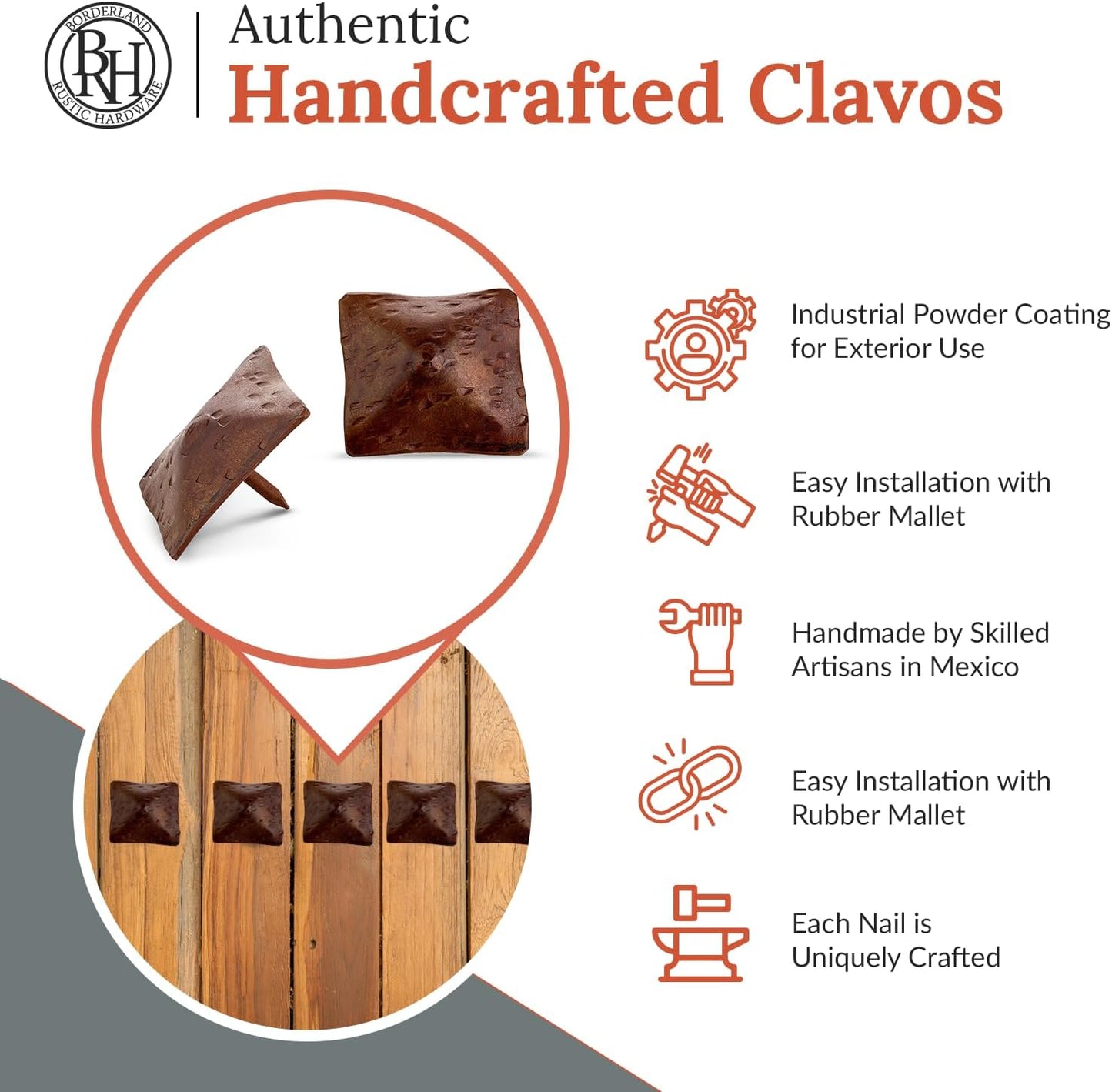 25 Pack 1.5" Square Head Iron Clavos Decorative Nails – Sealed Rusted – Handmade Rustic Square Fasteners for Farmhouse Shutters, Faux Wood, Barn Doors, Shutters, Gates – Ornamental Wood Accent