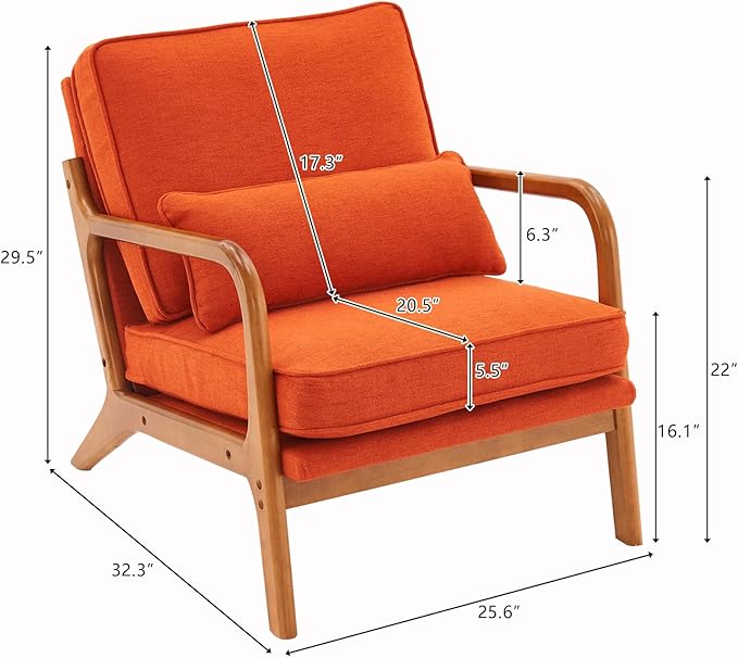 Bonnlo Linen Burnt Orange Mid Century Modern Accent Chair, Soild Wood Padding - Image 2