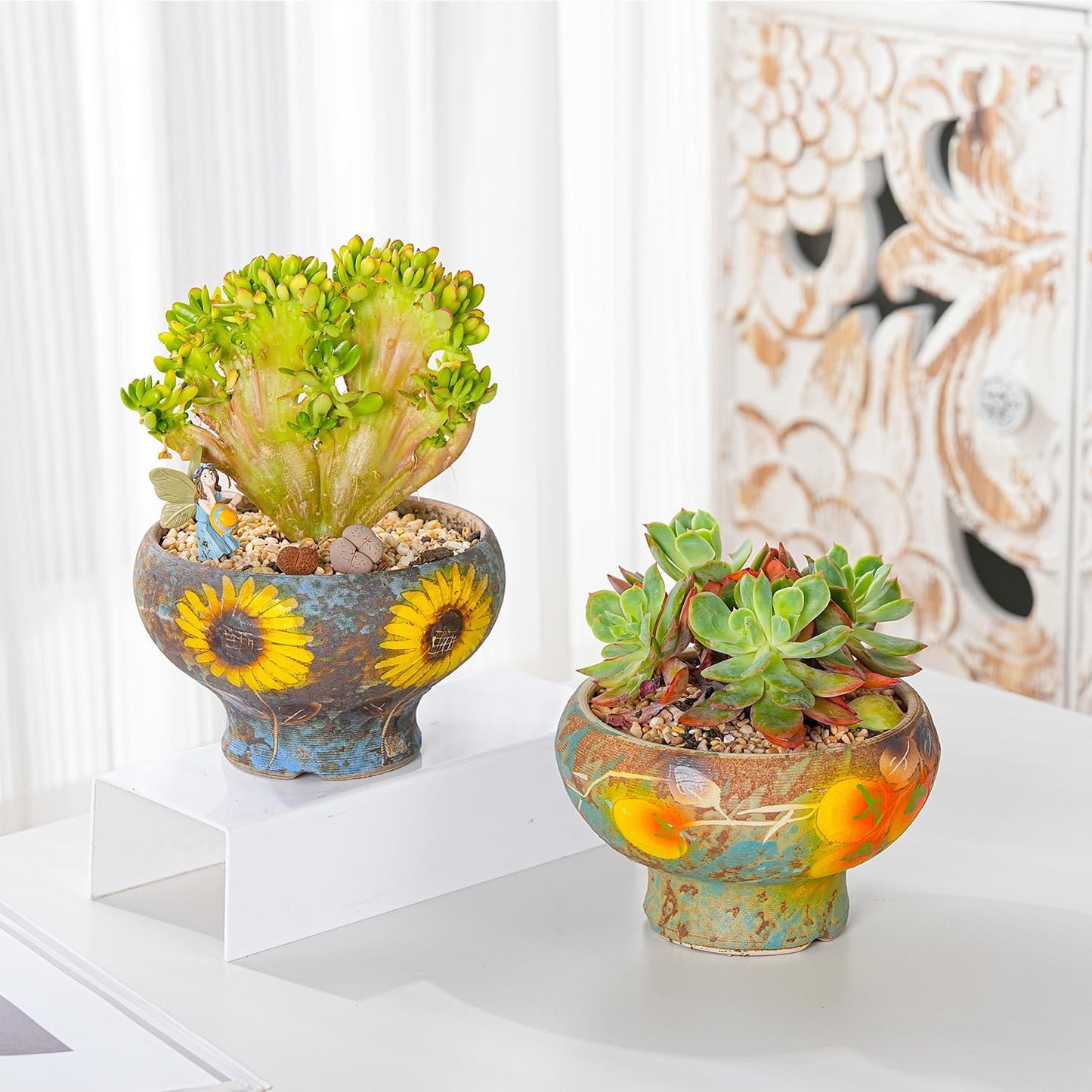 Sungmor Small Succulent Planters Set of 2, Beautiful Hand Crafted Ceramic Plant Pots Cute Cactus Pot, 6.5 Inch Flower Pots for Indoor Plants with Drainage, Desktop Windowsill Home Office Decor Pots