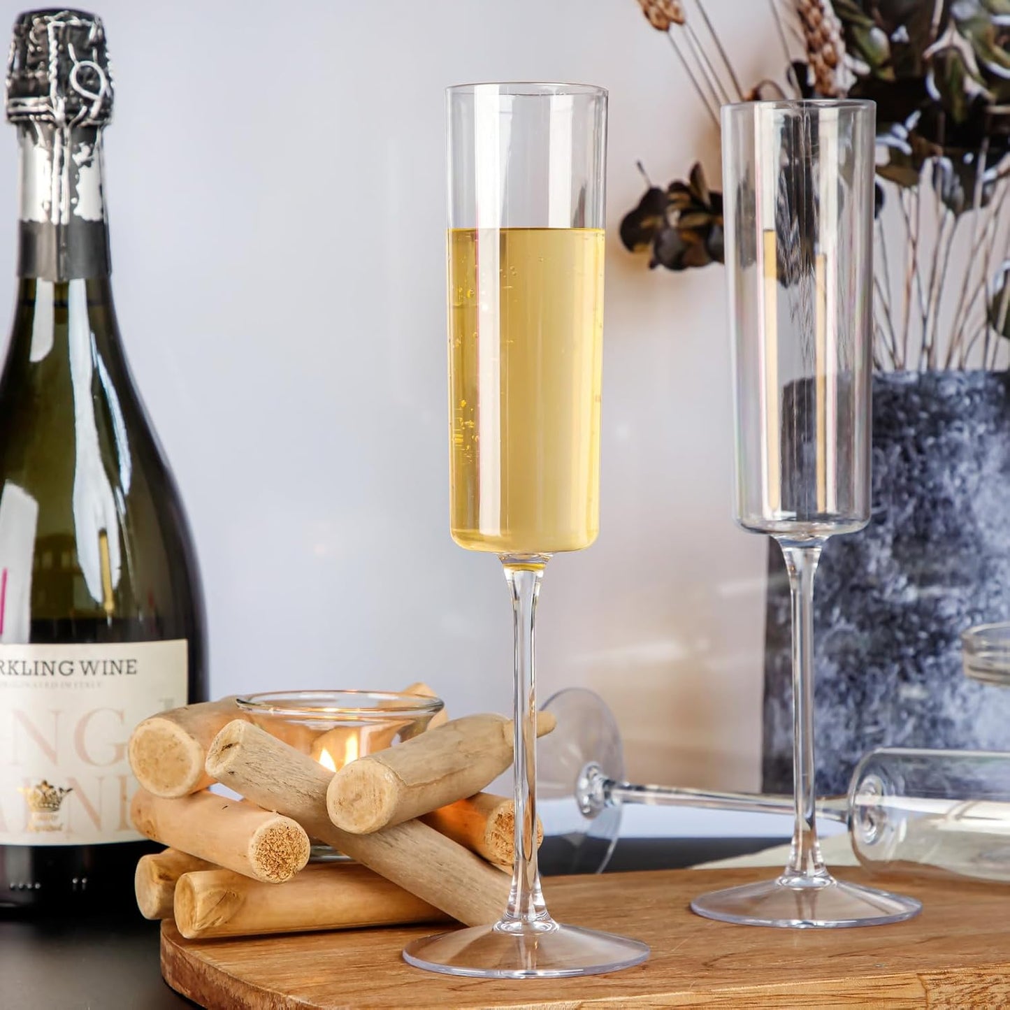 Ciaell 12 Pack Plastic Champagne Flutes - 6 Oz Clear Disposable Champagne Glasses - Square Plastic Toasting Glasses for Party Birthday Anniversary Wedding