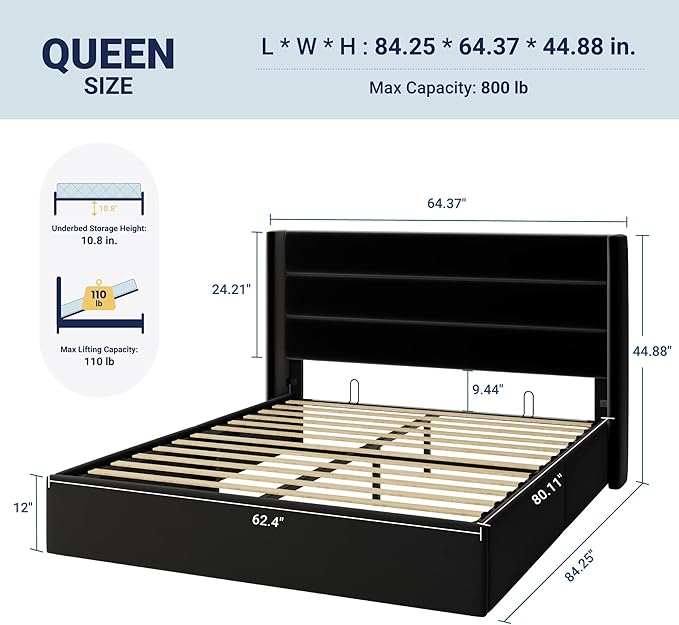 Allewie Queen Size Velvet Lift Up Storage Bed, Modern Wingback Headboard - Image 2