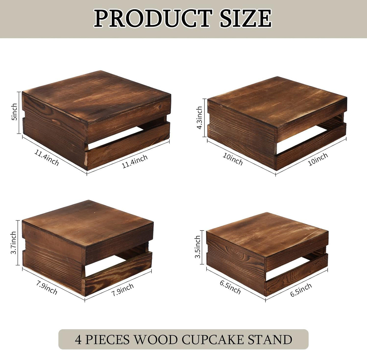 Sieral 4 Pieces Wood Cupcake Display Stand Decorative Dessert Appetizer Cake Stand Risers Wooden Crate Rustic Cake Risers for Storage for Party Christmas Halloween Wedding Decor(Burnt Wood)