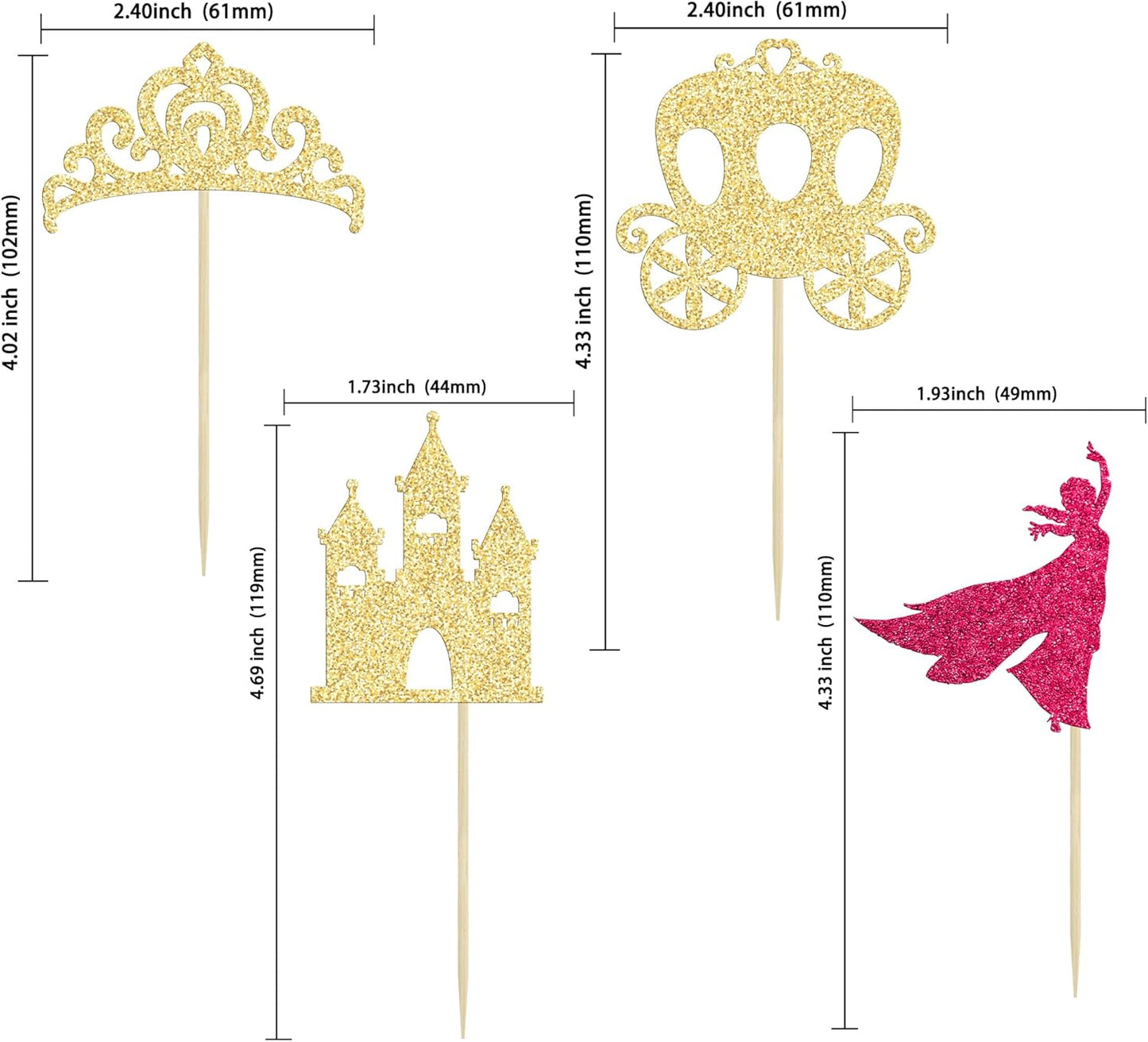 Gyufise 36Pcs Princess Cupcake Toppers Glitter Mermaid Girl Castle High Heel Crown Cupcake Picks Princess Theme Baby Shower Girls Birthday Party Cake Decorations Rose Red