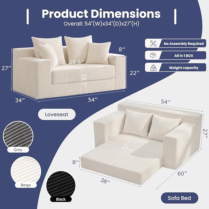 Convertible Sofa Bed, Boneless Couch Small Loveseat Sleeper Pull Out Couch - Image 2