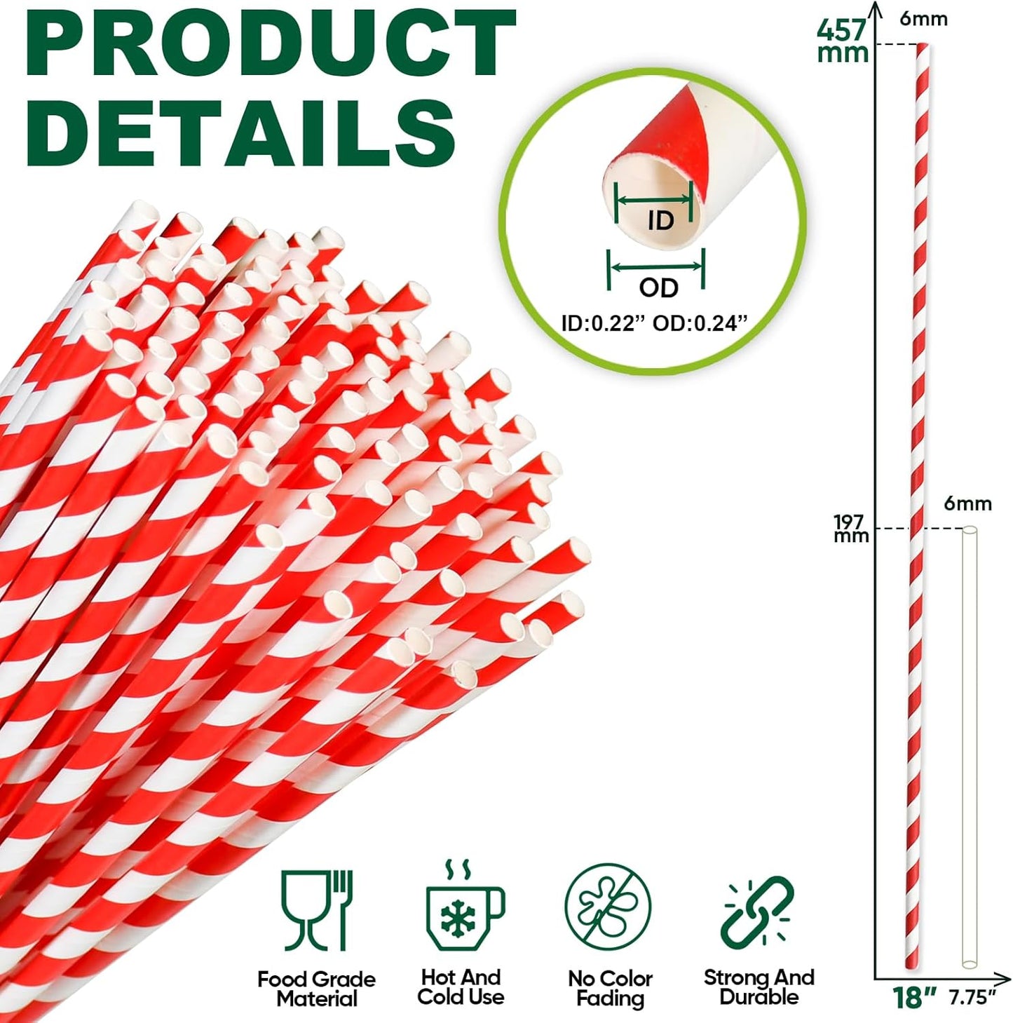 18 Inch Extra Long Paper Drinking Straws - For Large Drinks, Cotton Candy Sticks, DIY Crafts - Red, 100 Counts- 100% Biodegradable