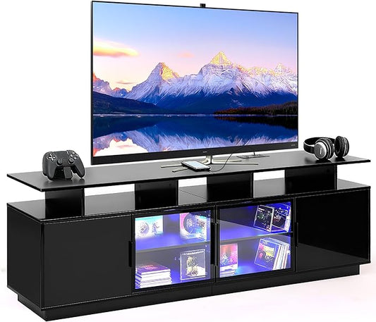 70 Inch Black TV Stand for Living Room, LED Entertainment Center for Gaming by ansefe