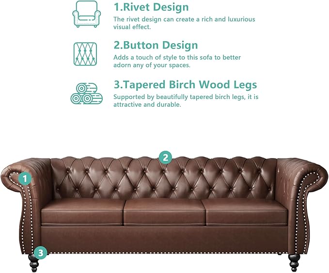 Chesterfield 3 Seater Sofa, Modern Leather Tufted Couch 3 Seater - Image 5