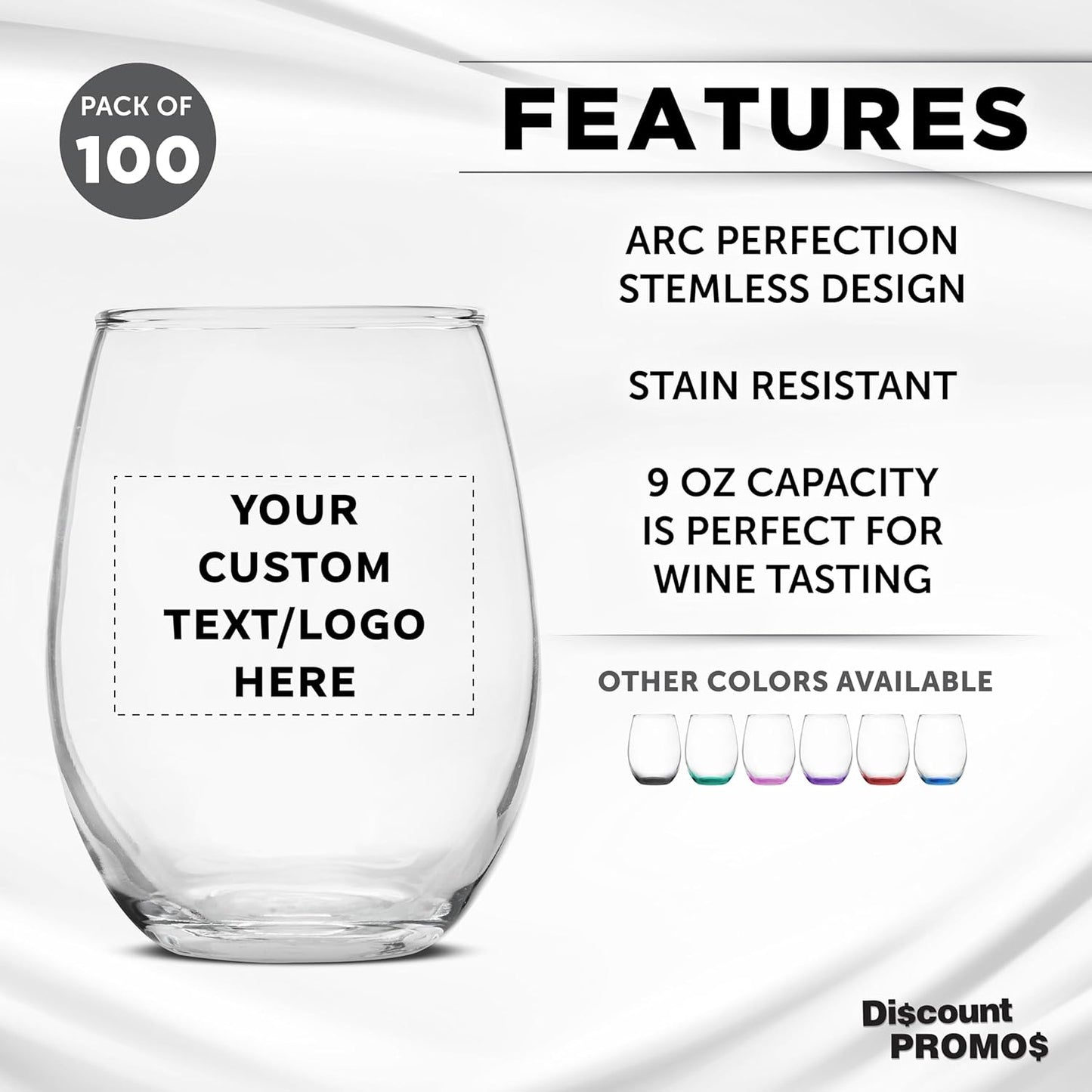 Custom Stemless Wine Glass 9 oz. Set of 100, Personalized Bulk Pack - Great for Wedding Favors, Bachelorette Party Decorations, Party Favors, Color Bottom - Clear