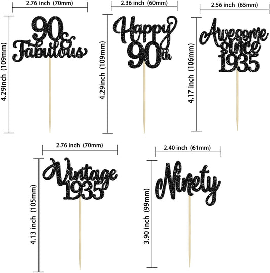 30Pcs Happy 90th Birthday Cupcake Toppers Glitter Awesome Since 1935 Ninety 90 Fabulous Vintage 1935 Cupcake Picks for 90th Birthday Anniversary Retirement Party Cake Decorations Supplies Black