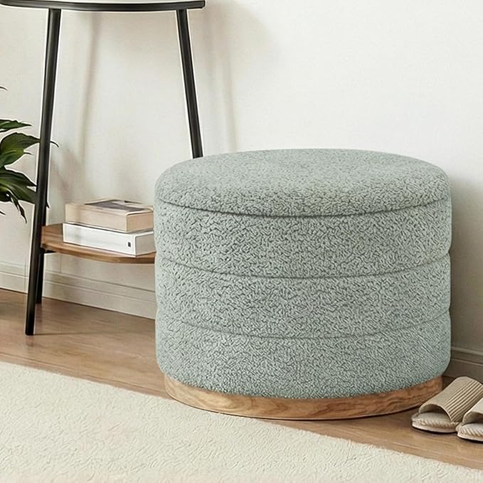 Round Storage Ottoman with Tray Lid, Folding Chenille Fabric Footrest with - Image 8