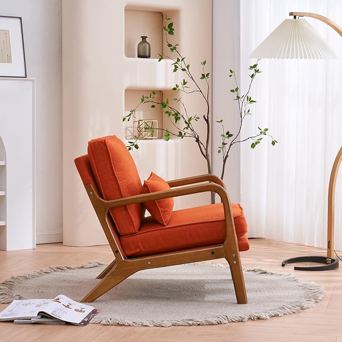 VINGLI Linen Burnt Orange Comfy Accent Chair, Mid Century Modern Lounge Armchair - Image 8