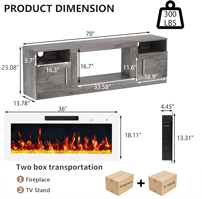PRETZI Fireplace TV Stand with 36" Fireplace Up to 80" TVs, Remote Control - Image 2