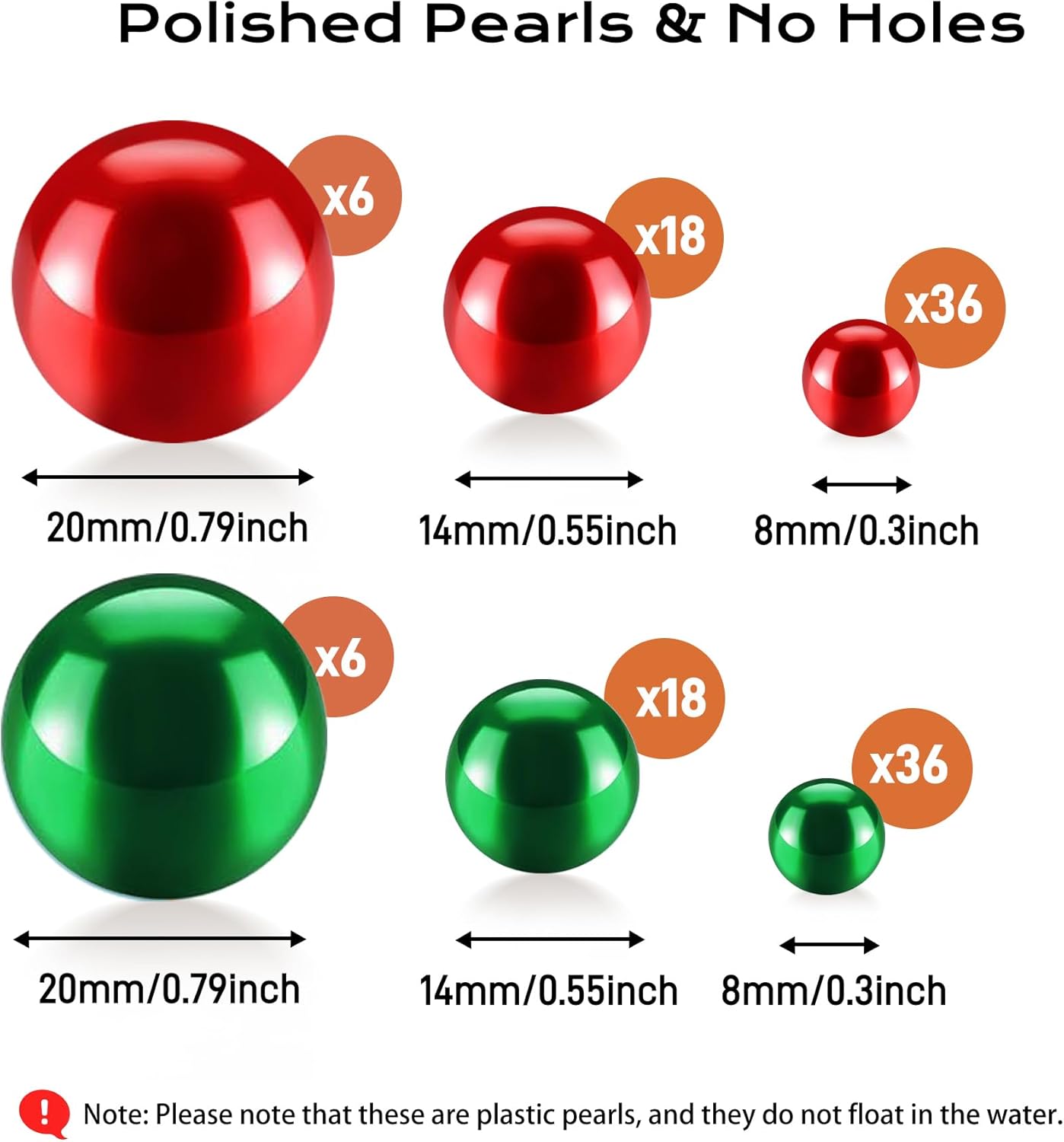 120 PCS 8/14/20mm No Hole Polish Pearl Beads for Centerpiece, Red&Green Beads Decorative Vase Fillers, Plastics Pearls for Vases, Table Scatters, Wedding Party Decor